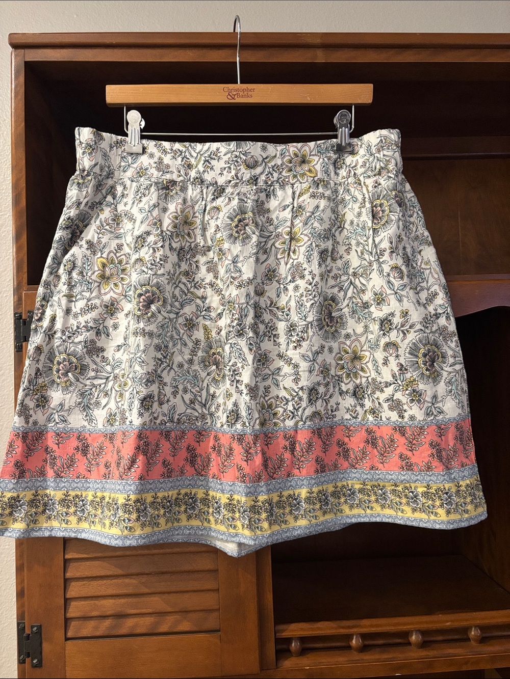 LOFT White Floral Skirt with a Coral & Yellow Border.